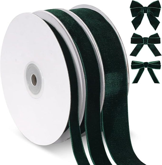 Vintage Dark Green Velvet Ribbon Set, Thin Velvet Ribbon for Gift Wrapping, 3 Rolls Skinny Christmas Ribbons for Christmas Tree Bow Ornaments, Holiday Decor, 3/8,5/8,1 inch Wide, 30 Yards Total