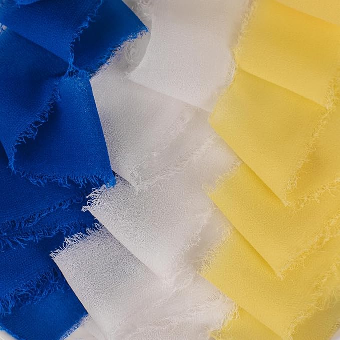 Chiffon Ribbon, Blue Yellow White Silk Ribbon, 1-1/2''x21Yd Handmade Frayed Fringe Ribbon for Wrapping, Floral Vase Decor, Graduation, Birthday, New Year Party Decoration, Shower, 3 Rolls