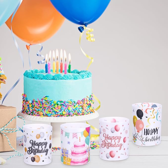 Happy Birthday Table Centerpiece Decorations, 8 Sets Birthday Centerpieces Lantern Boxes & LED Tea Lights, Flameless Votive Candle Holders for Birthday Party, Candle Shade Cover Sleeve for Home Office