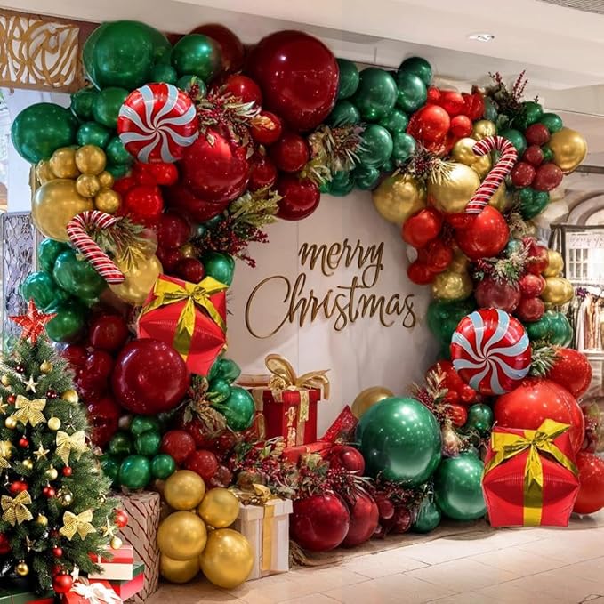 Christmas Balloon Garland, Double Stuffed Dark Emerald Green Red Balloons Burgundy Gold Balloon Garland Kit for Christmas New Year Holiday Birthday Baby Shower Xmas Party Decorations