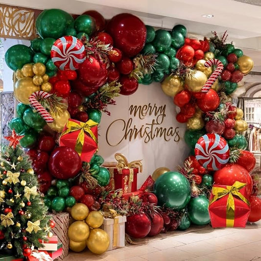 Christmas Balloon Garland, Double Stuffed Dark Emerald Green Red Balloons Burgundy Gold Balloon Garland Kit for Christmas New Year Holiday Birthday Baby Shower Xmas Party Decorations