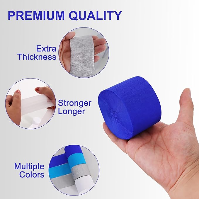 BEISHIDA 8 Rolls Blue Silver White Crepe Paper Streamers for Men Birthday Graduation Party Decorations Baby Shower DIY Craft Paper(1.8 Inch x 82 Ft/Roll)