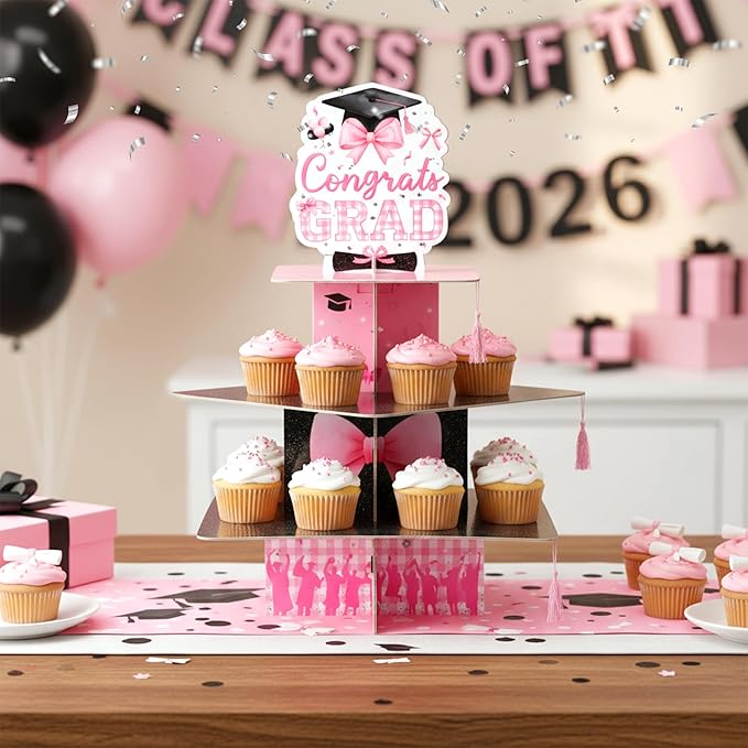 Haooryx Pink Bow Graduation Cupcake Stand - 3 Tier Graduation Hat Tie Cupcake Tower Cardboard Dessert Stand Candy Dount Dessert Holder for College High School Congrats Grad Party Decoration Supplies