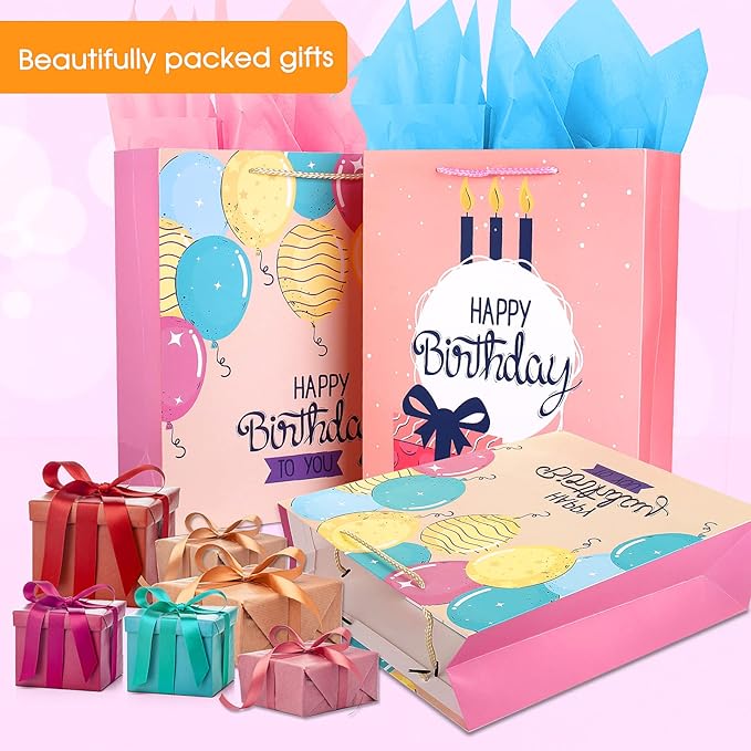 Large Birthday Gift Bags Set - 2 Pack Pink Gift Bags With Tissue Paper and Handles for Girls, Women, Her - Happy Birthday Gift Wrap