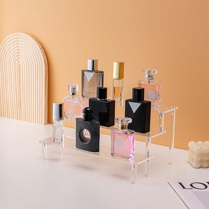 Hoewina 2PCS Acrylic Risers Display Stands, 3 Tier Perfume Organizer Display Shelf & Versatile Cupcake Stand Holder, Display Risers for Figures, Dessert Shelves for Party for Decoration and Organizer
