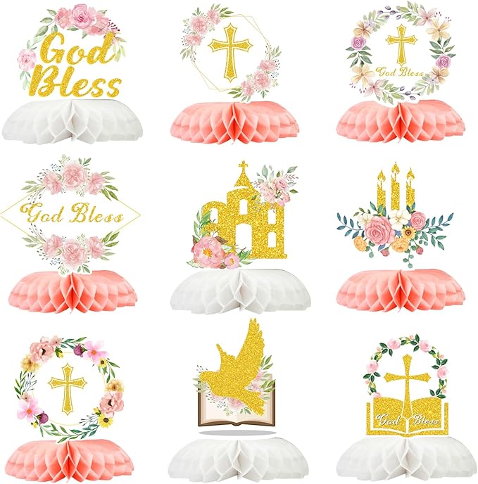 First Communion Centerpieces Baptism Decorations 9 Pcs, Cross & Flower Table Toppers Set, Confirmation Decor for Party, Primera Comunion Decoracion, First Holy Communion Favors Supplies