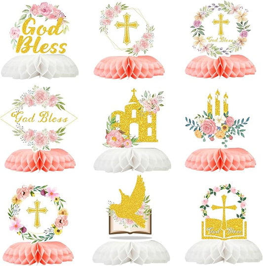 First Communion Centerpieces Baptism Decorations 9 Pcs, Cross & Flower Table Toppers Set, Confirmation Decor for Party, Primera Comunion Decoracion, First Holy Communion Favors Supplies