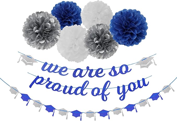 Navy-Blue White-Silver Party-Decoration Graduation Banner - 8pcs Kits Cap Garland Streamers, Paper Tissue Pom Poms Flowers,We are So Proud of You Congratulations Grad 2026 Decor Lasting Surprise