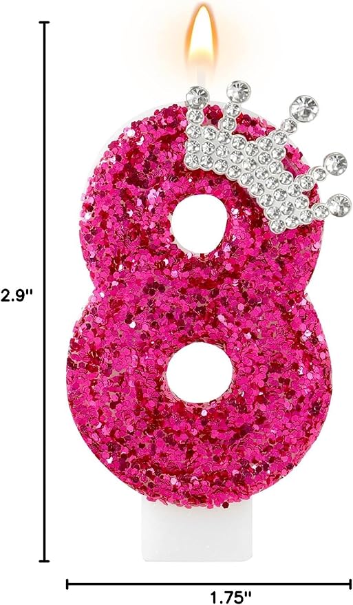 AKURIEEY Hot Pink Birthday Candles Crown Number 8 Candle Birthday Party Decorations Cake Topper Cupcake Decor for Anniversary Celebrations Supplies
