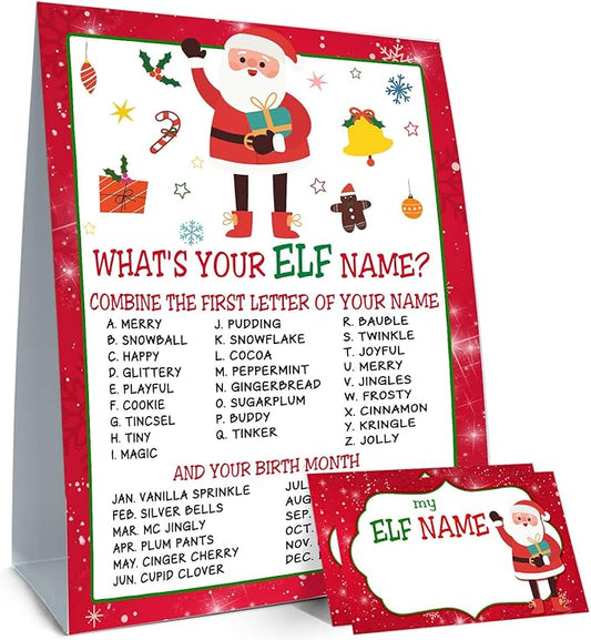 What's Your ELF Name Game, 1 Sign & 30 Stickers, Christmas Party Activity for Family, Kids & Adults