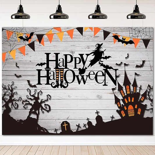 Mocsicka Happy Halloween Backdrop Spider Web Witch and Flying Bats Photography Background Wooden Floor Halloween Party Cake Table Decoration Banner Photo Booth Props (7x5ft)