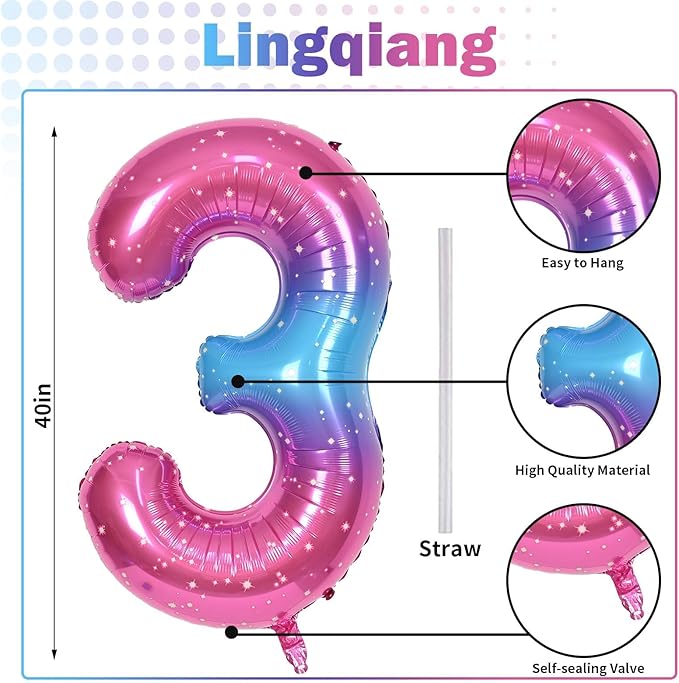 40 Inch Rainbow Large Numbers Balloons 3, Self Inflating Gradient Blue Pink Purple Digit 3 Helium Balloons for 3rd Girls, Starry Foil Mylar Number Balloons 0-9 for Women Birthday Party Decorations