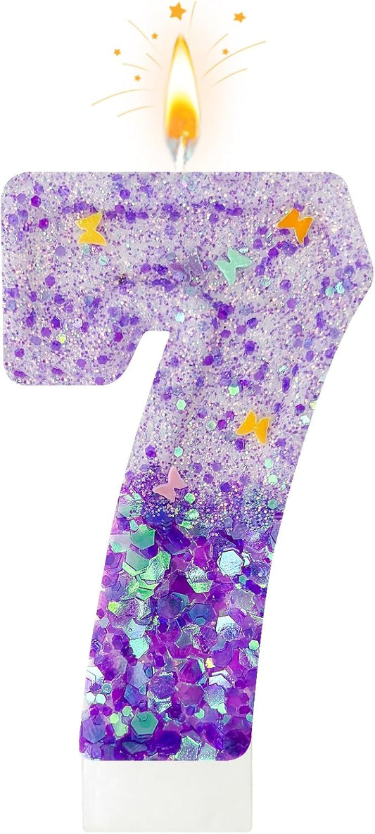 Purple Sequin Birthday Candles, Cake Number Candles, Girls 0th Birthday Decorations, Suitable for Birthday Parties, Anniversary Party Decorations(7)