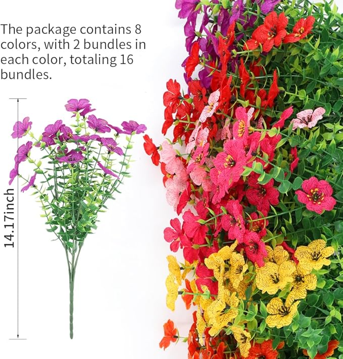 Artificial 16 Bundles Outdoor Flowers for Spring Decoration, Fake Daisy Flowers Realistic UV Resistant for Outside indoor Planter Front Door Porch Yard Patio windowsill Home Decor (Mix 8 colors)