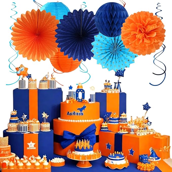 Orange Blue Men Birthday Decorations - 21pcs Happy Banner Garland,Bluey Paper Streamers Lanterns,Flower Tissue Pom Poms Fan Supplies,Hanging Wall Backdrop Party Decor Huglony