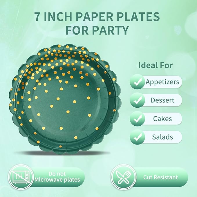 105PCS Green Plates and Napkins Party Supplies, Green and Gold Birthday Party Decorations, 7??Dessert Paper Plates for Wedding Baby Shower Graduation Decorations, Serves 35