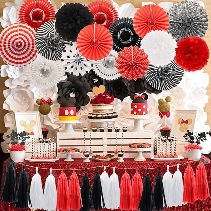Mouse Ladybug Pirate Birthday Party Decorations, Red White Black Hanging Paper Fans Pom Poms Flowers Tissue Tassel Garland for BBQ Graduation Retirement Halloween