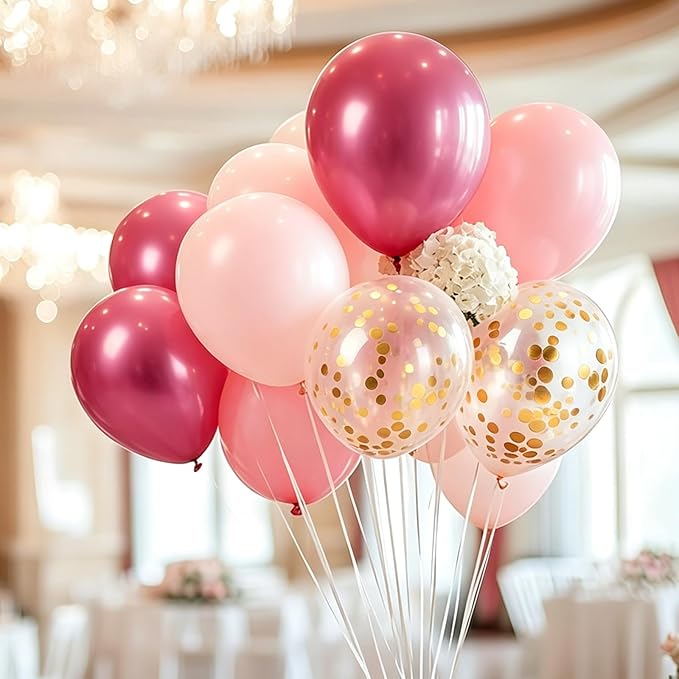 Hot Pink Balloons Metallic Fuchsia and Gold Confetti Balloon, 60 Pcs 12 Inch Latex Metallic Pink Balloons with 1 Ribbon, for Birthday Wedding Bridal Shower Party Decorations