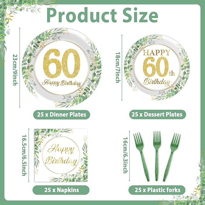 Qyeahkj 100 Pcs 60th Birthday Decorations Party Tableware Set Greenery Eucalyptus Paper Plates Sage Green Plates Forks and Napkins 60th Birthday Party Decoration for 60 Years Old Women Serve 25 Guests