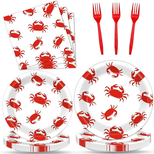 Qyeahkj 100 Pcs Crab Party Decoration Set - Paper Plate Napkin Fork Set for Summer Crab Dinnerware Tableware Supplies - Serves 25
