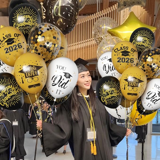 50 Pack Graduation Party Decorations Balloons Set - 12 Inch Graduation Balloons 2026 Black Gold Grad Balloon for Grad Party Decoration Supplies