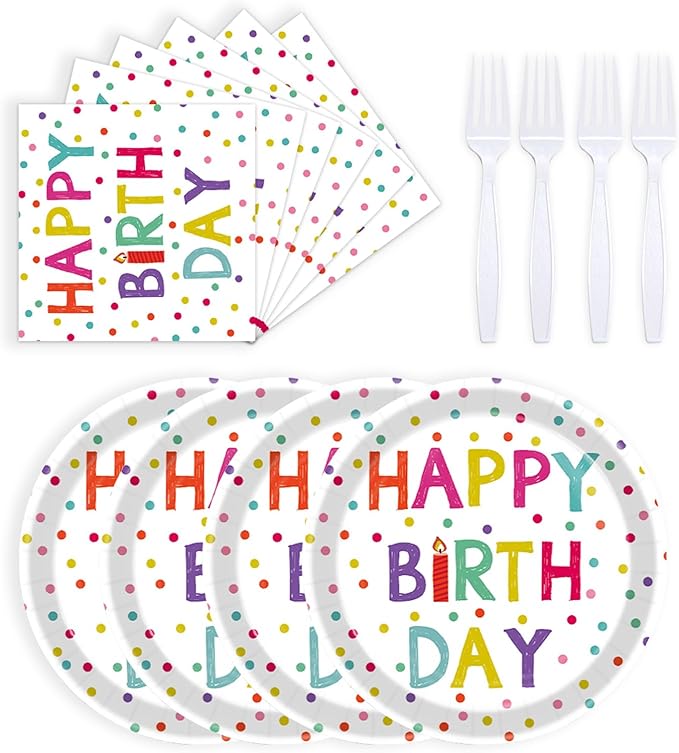 72 Pcs Birthday Plates and Napkins Party Supplies,Happy Birthday Party Plates Napkins Dots Design Tableware Set Decorations for Serves 24 (White)