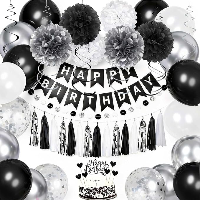 YGYXMY Birthday Decorations for Men, Black and Silver Party Decorations, Black and White Party Supplies - Banner, Balloons, Tissue Pompoms, Swirls, Tassels Garland