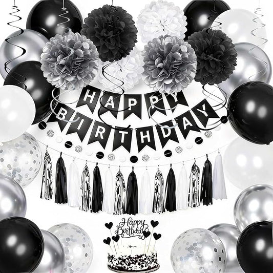 YGYXMY Birthday Decorations for Men, Black and Silver Party Decorations, Black and White Party Supplies - Banner, Balloons, Tissue Pompoms, Swirls, Tassels Garland