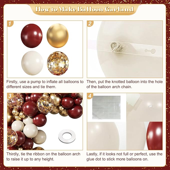 Burgundy Balloon Arch Garland Kit, 140Pcs Burgundy Maroon Gold Sand White Confetti Balloons With Stars for Birthday Christmas Birdal Shower Graduation Party Decorations