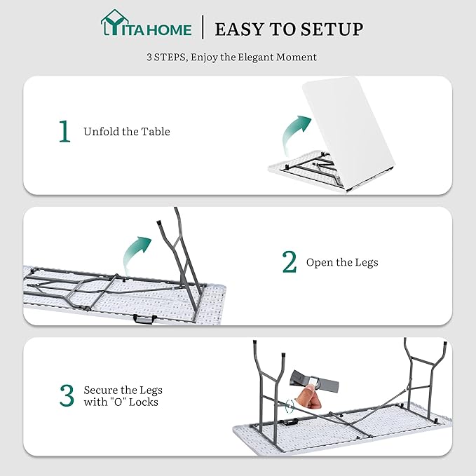 YITAHOME 6ft Folding Table w/1.5" Thick Tabletop Heavy Duty, Portable Outdoor Folding Table w/Carrying Handle for Camping Picnic Parties/Indoor Events, White