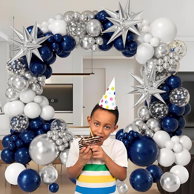 161pcs Navy Blue and Silver Balloon Garland Arch Kit with Blue White Silver Confetti Balloons, Star Foil Balloons, for Graduation New Year Anniversary Birthday Party Decorations