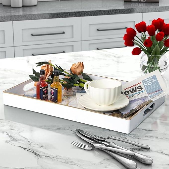 MAONAME Rectangular Decorative Tray, Modern White Serving Tray with Handles, Marbling Plastic Trays for Ottoman, Coffee Table Trays for Living Room, Home Decor, 15.8" x 11.8" x 1.6"