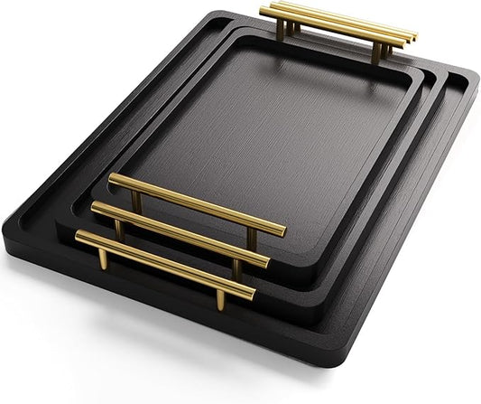 Bamboo Serving Tray with Metal Handles(Set of 3),Ottoman Decorative Trays Platter for Eating Breakfast,Working,Storing and Party(Black)