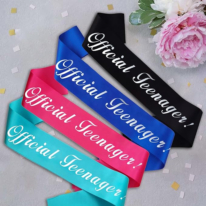 13th Birthday Sash, Silver Foil 'Official Teenager' Black Birthday Sash for Boy 13th Bday Party Decorations Gifts Favors