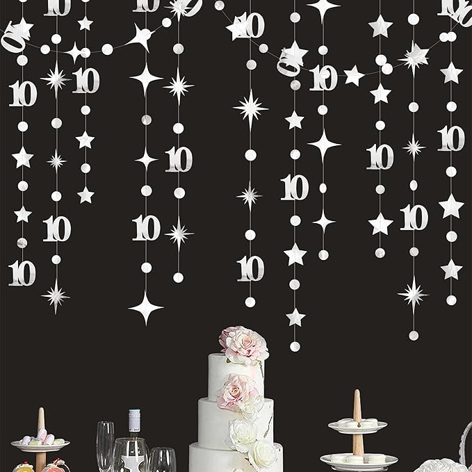 Silver 10th Birthday Decorations Number 10 Circle Dot Twinkle Star Garland Metallic Hanging Streamer Banner Backdrop for Girls Boys Double Digits Ten Year Old Birthday 10th Anniversary Party Supplies