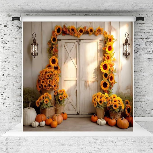 Kate Fall Photography Backdrop Autumn Sunflower Photo Background for Kids Fall Pumpkin Birthday Party Backdrop, 8x8ft