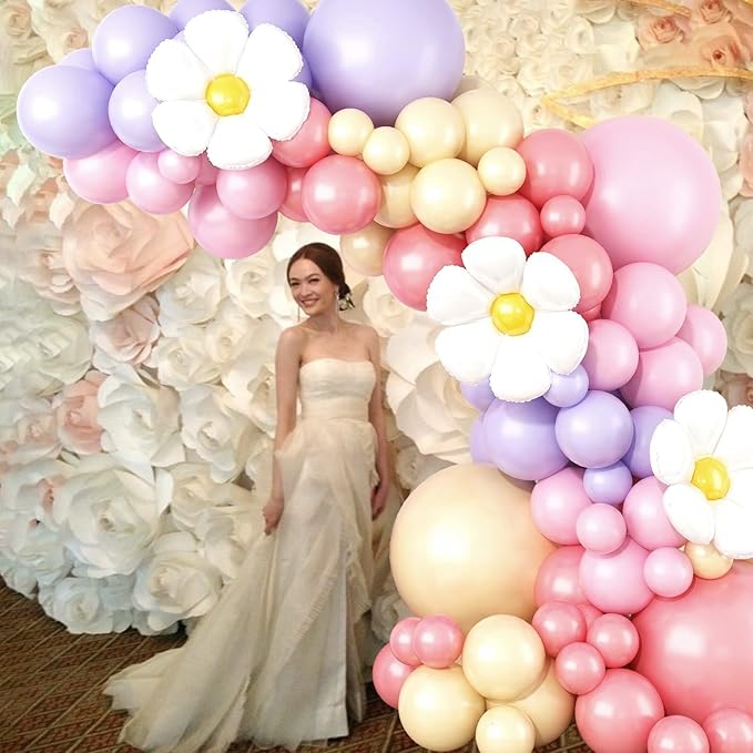 149Pcs Daisy Balloon Garland Arch Kit, Pastel Pink Purple Orange Matte Dusty Pink Boho Groovy Daisy Flower Latex Balloon Garland for Girls Women Bridal Baby Shower Wedding Birthday Party Decorations