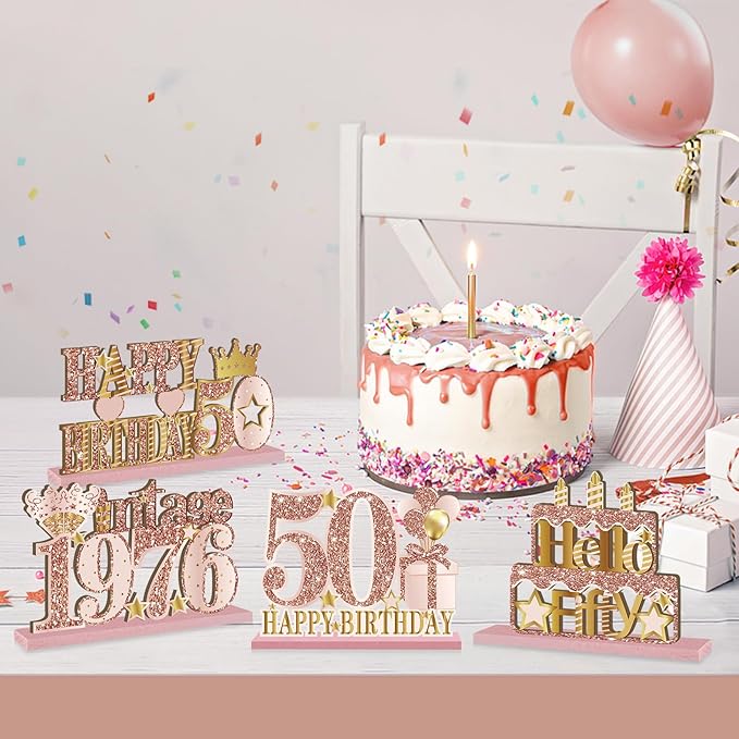 4 Pieces 50th Birthday Vintage 1976 Wooden Table Centerpieces Decoration for Women, Pink Rose Gold Happy 50 Birthday Table Sign Party Supplies, Hello Fifty Year Old Bday Table Decor