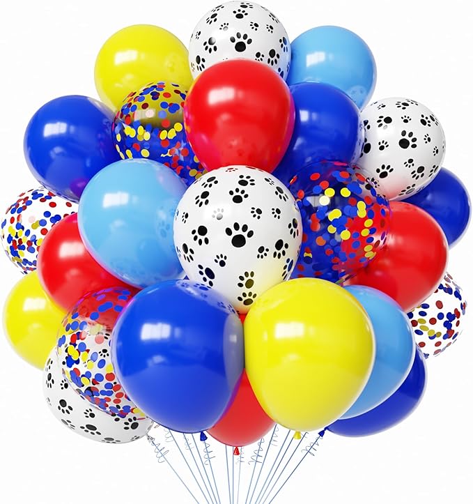 Dog Paw Latex Balloons, 50pcs 12 Inches Royal Blue Light Blue Yellow Red Paw Print Balloons with 1 Ribbon for Dog Birthday Party Decorations