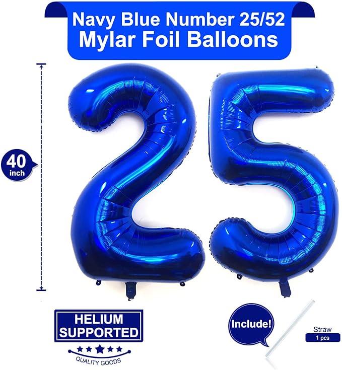 40 Inch Navy Blue 25 Number Balloons Giant Jumbo Huge 25 or 52 Foil Mylar Helium Number Digital Balloons Dark Blue Birthday Mylar Digital Balloons 25 Birthday Party 25th Anniversary Events Party