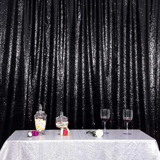 SquarePie 8x8ft Black Sequin Backdrop for Photography, Satin-Backed Real Sequin Curtain, Enhanced Coverage Shimmering Background with 4" Rod Pocket for Wedding, Birthday, Party Decor, 1 Panel
