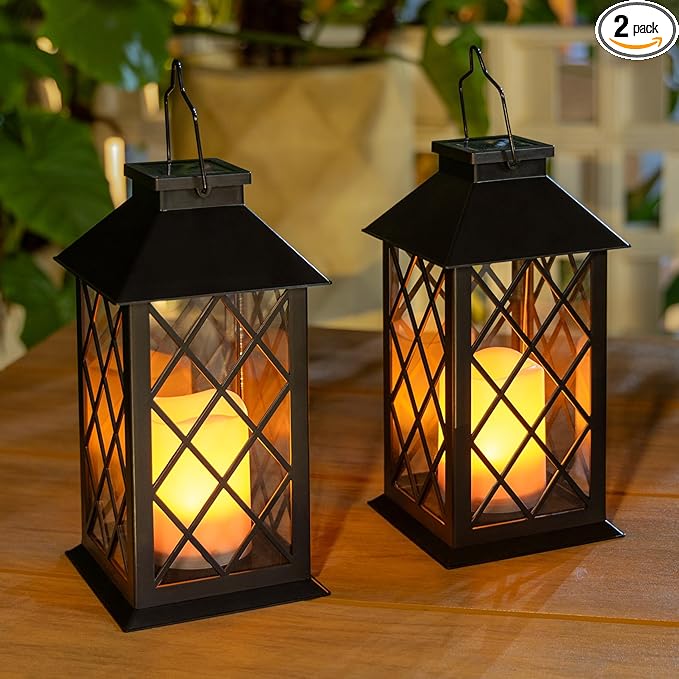 [2 Pack] TAKE ME Black 14" Solar Lanterns Outdoor Waterproof Garden Lanterns LED Candle Lights for Garden Outdoor Decor Mothers Day Gifts