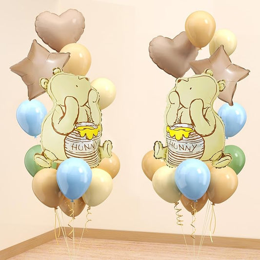 Classic Winnie Bear Baby Shower Birthday Decorations Balloons, 3D Vintage Original Pooh Bear Helium Balloons with Heart Star for Boys Girls Baby Shower Birthday Gender Reveal Large 23Inch