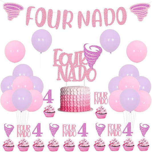 Fournado Birthday Party Decorations for Girls Tornado 4th Birthday Party Supplies with Four Nado Banner Cake Cupcake Toppers for Girls Tornado Bday Party Decors