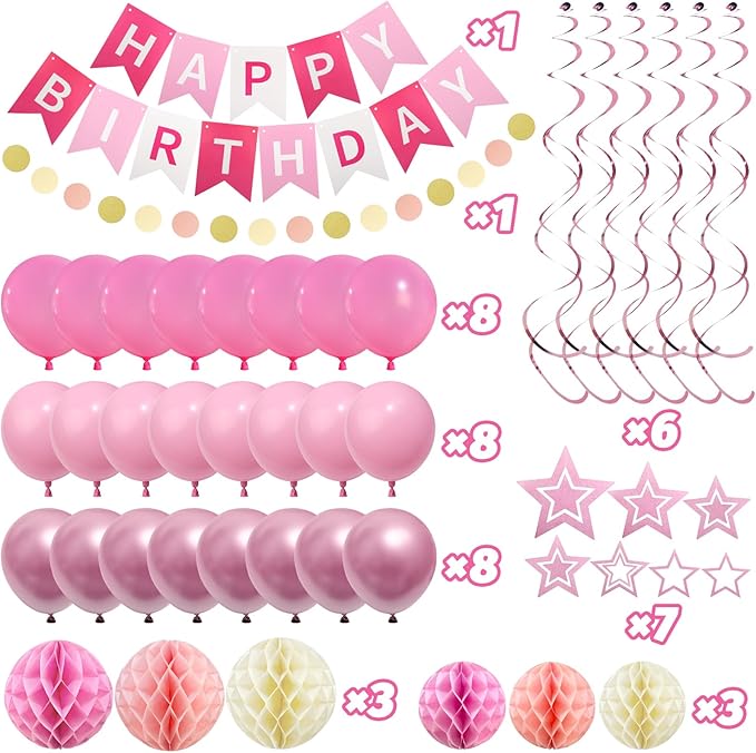 ZERODECO Birthday Decorations, Easy to Assemble Pink Happy Birthday Banner with Honeycomb Ball, Balloon, Hanging Swirl Streamer, Garland, Happy Birthday Party Decorations for Women Girls Kids