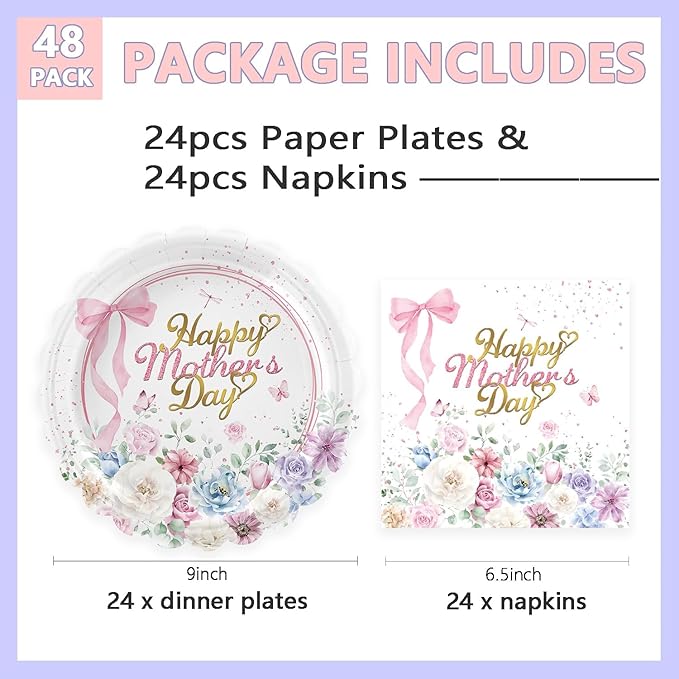 48 PCS Happy Mother's Day Paper Plates and Napkins Mothers Day Party Supplies Disposable Plates Napkins Tableware Set for Floral Theme Best Mom Mothers Birthday Party Family Dinner Table Decorations