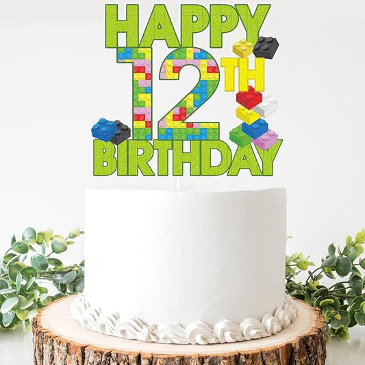 Happy 12th Birthday Building Block Cake Topper - Puzzle Games Boy's 12th Birthday Party Green Cake Topper Supplies - Building Block Party Decoration For Boy