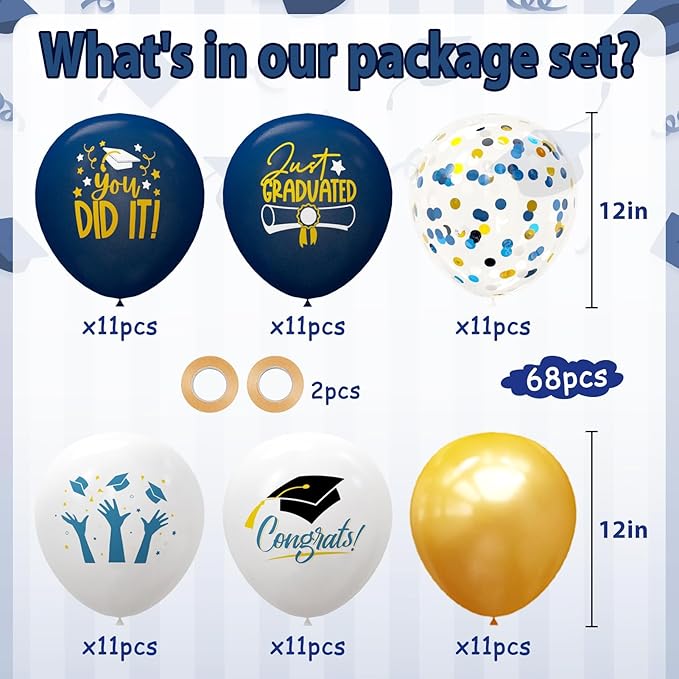 2026 Graduation Party Decorations, 68pcs Graduation Balloons Blue and Gold Grad Decorations for College High School Class of 2026 Congrats Grad Party Decor