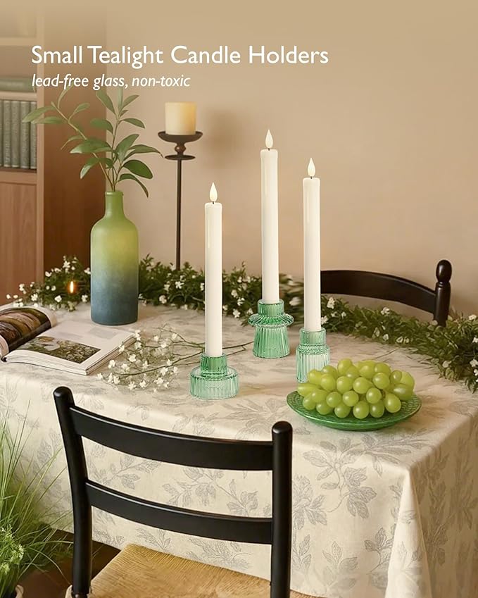 Homemory Colorful Glass Candle Holders, 3 Pcs Green Tea Light Holders, Taper Glass Candlestick Holder, Votive Candle Holders for Tables Wedding Centerpieces, Shabbat, Home Decor, Christmas