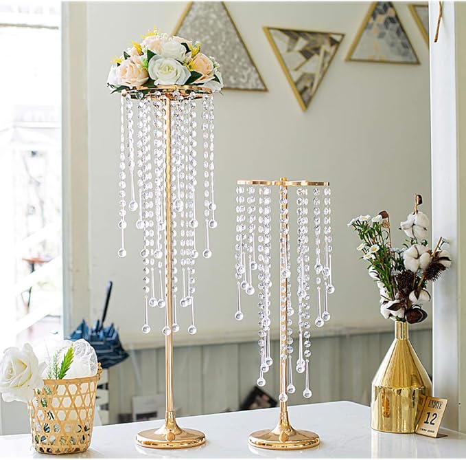 21.6in Gold Wedding Centerpieces for Table, 2Pcs Tall Vases Wedding Centerpieces with Sparkling Crystal Beads, Metal Flower Stand for Wedding Reception Party Events Home Decor